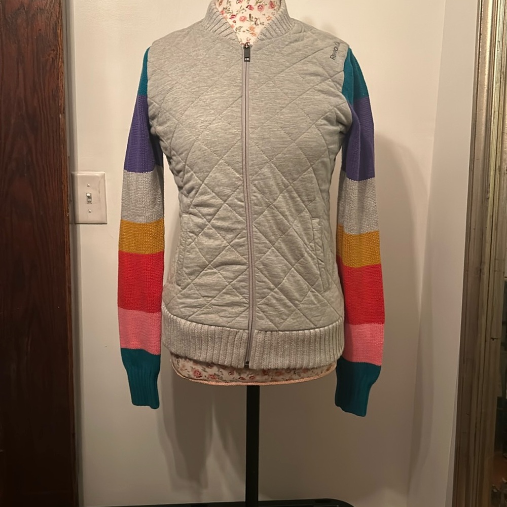 Reebok quilted zip up sweatshirt with multi color sweater sleeves